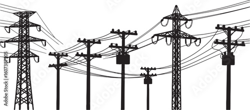 Black silhouette of power lines and utility poles against white, power line, electricity, transmission tower, utility pole, overhead line, infrastructure, energy, high voltage, electricity pylon, powe