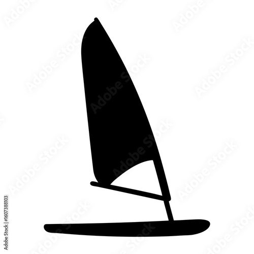 Black silhouette of a windsurf board with sail and boom arm