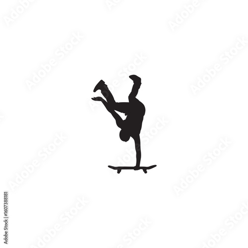 Silhouette of a skateboarder performing handstand stunt extreme sport on white background