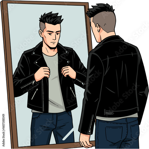 A man looking at himself in the mirror while trying on a leather jacket.