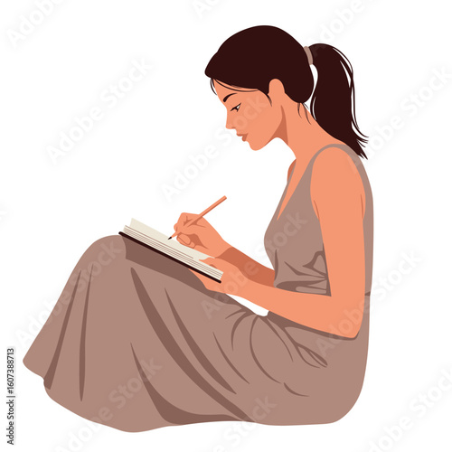 Woman sitting on the floor writing in a notebook.