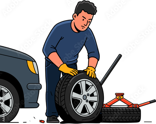 A man changing a flat tire next to the car.