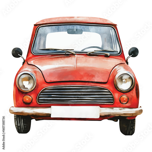 Red vintage car front view watercolor vector illustration transparent background red car