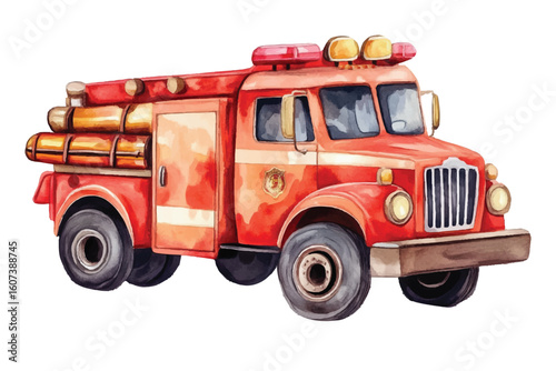 Cute red watercolor fire engine truck with hoses and lights vehicle transportation