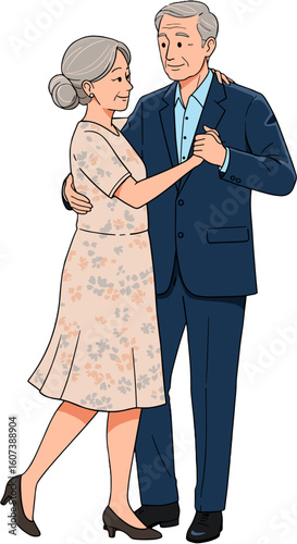Elderly couple dancing in a ballroom.