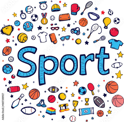 A vibrant, hand-drawn style graphic displays various sports equipment and items arranged in a circular pattern surrounding the word "Sport." The design is perfect for use in sports-themed merchandise,