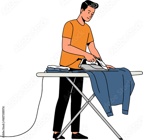 A man ironing clothes on an ironing board.