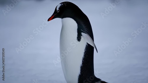 Penguin silhouettes in snowy landscape