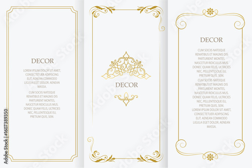 Vector set frames for design template. Golden floral borders. Ornate decor for save the date, birthday, greeting card, wedding invitation, leaflet, poster, certificate, thank you message.
