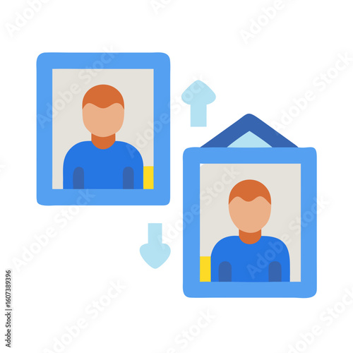 Avatar images with arrows indicating data transfer or syncing