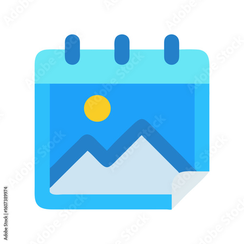 Flat design calendar icon featuring mountain landscape graphic