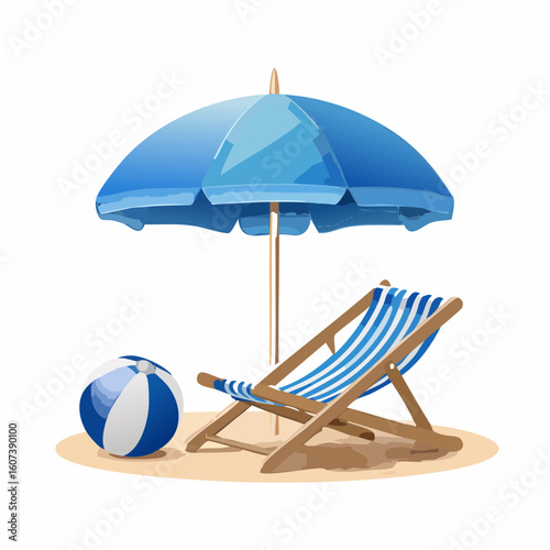 illustration vacances, parasol et chaise pliante en bois, ballon, sable, arrière plan blanc