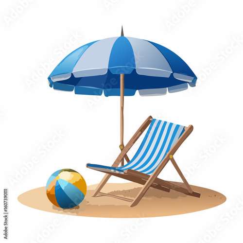 illustration vacances, parasol et chaise pliante en bois, ballon, sable, arrière plan blanc