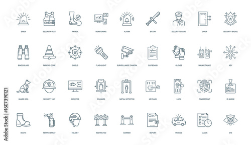 collection line art icons security protection, dog security hat key monitor guard, minimal thin line web outline collection, simple vector illustration
