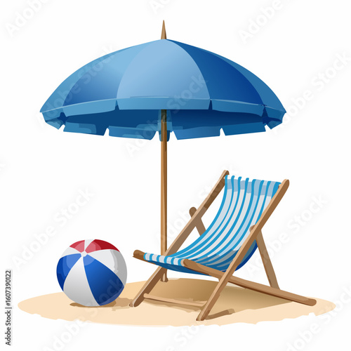 illustration vacances, parasol et chaise pliante en bois, ballon, sable, arrière plan blanc