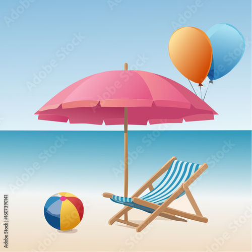 illustration vacances, parasol et chaise pliante en bois, ballon, sable, océan