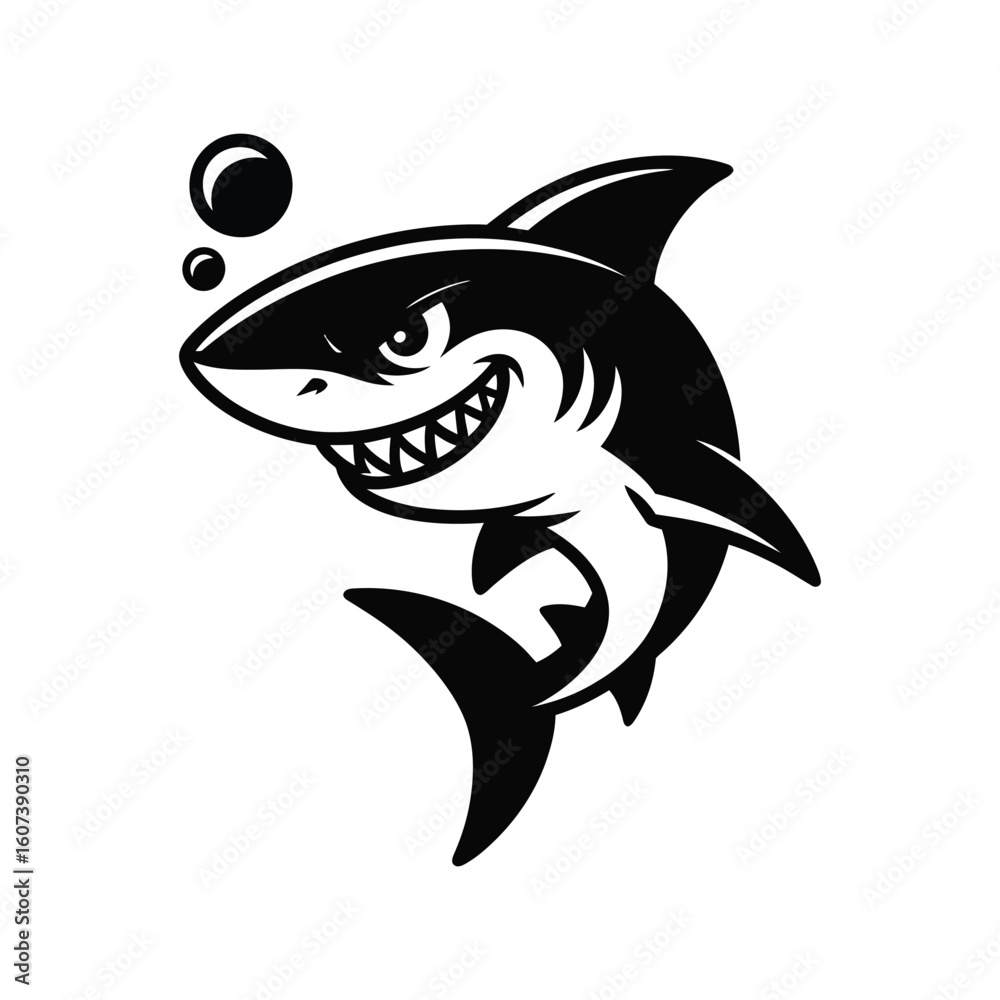 Fototapeta premium Cartoon shark mascot vector logo with aggressive smile in black and white isolated silhouette