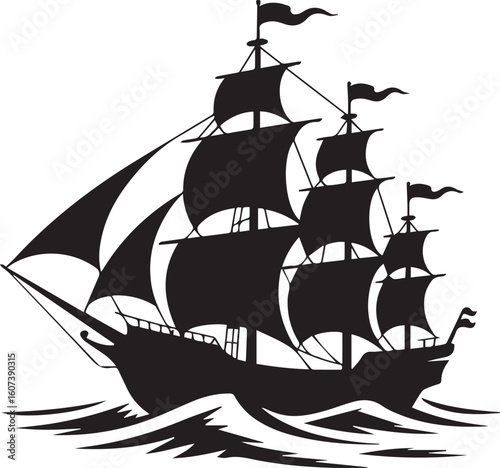 A classic black silhouette of a historic tall sailing ship navigating the ocean waves. Vintage nautical frigate vector illustration.