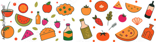 Vibrant Flat-Lay Illustration: Fresh Fruit, Vegetables, and Drinks; Summer Mood Board;  Healthy Lifestyle Concept.