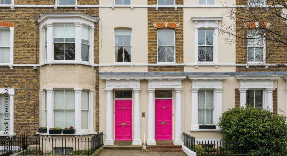 Naklejka premium Colorful London Townhouses with Pink Doors.