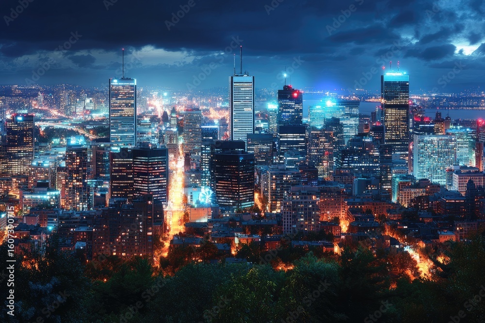 Obraz premium Night cityscape panorama. Vast urban sprawl illuminated by vibrant lights. Skyscrapers dominate the horizon, streets below are illuminated with car trails, and dark, 
