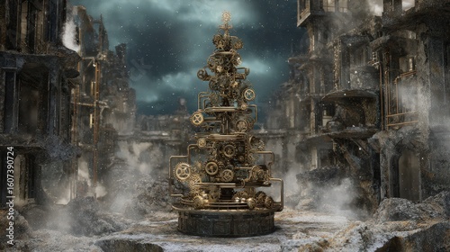 Steampunk Christmas tree crafted from intricate cogs and gears in winter scene - mechanical holiday xmas scene