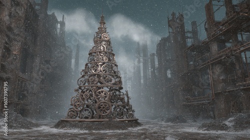 Steampunk Christmas tree crafted from intricate cogs and gears in winter scene - mechanical holiday xmas scene