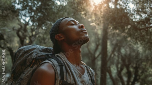 Young Man Standing with Eyes Closed in Morning Forest Light – Breathing and Mindfulness Concept