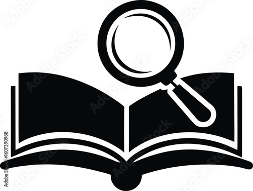 Black open book with magnifying glass search research
