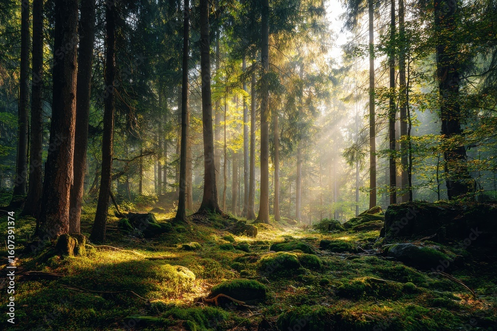 Naklejka premium Tranquil forest landscape with gentle sunlight streaming through lush greenery promoting relaxation and harmony