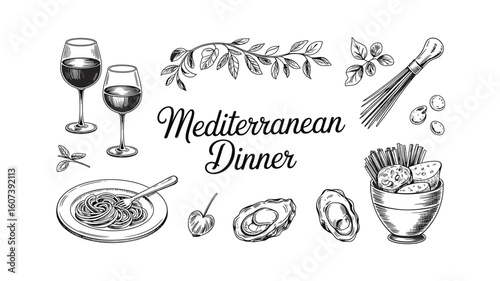 Mediterranean Dinner Illustration: Wine, Pasta, and Oysters - Vector Sketch for Restaurant Menus and Food-Related Projects