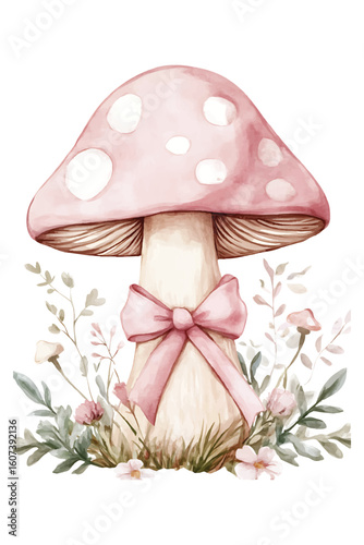 Pink mushroom with white spots and a pink bow surrounded by foliage spotted mushroom fly agaric