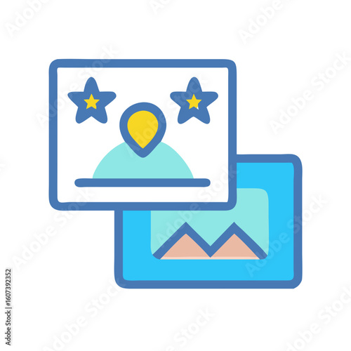 Colorful photo stack illustration with user and landscape icons