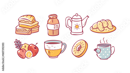 Whimsical doodle illustrations of food and drink items on a black background