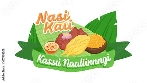 Nasi kari and kassi naaliinnngi traditional food presentation with tropical leaves