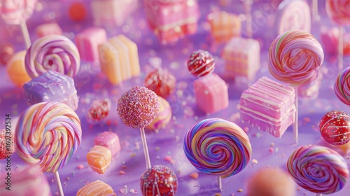 Colorful Assortment of Sweet Candies and Lollipops on a Purple Background