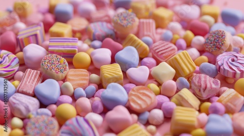 Colorful Assortment of Sweet Candies Featuring Hearts and Pastel Colors
