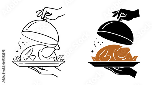 Roasted Chicken Restaurant Menu Illustration: Elegant Line Art and Solid Color Variations