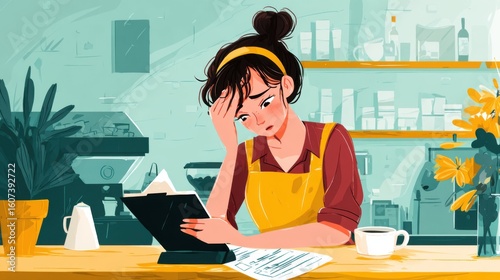 Tired woman barista holding head with stress in café, overwhelmed by work and mental fatigue