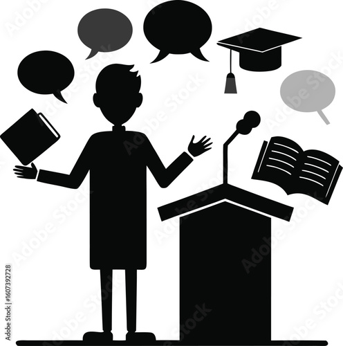 Speaker presenting with books and speech bubbles podium microphone
