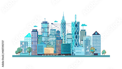 Modern cityscape illustration with tall buildings and blue tones on a black background