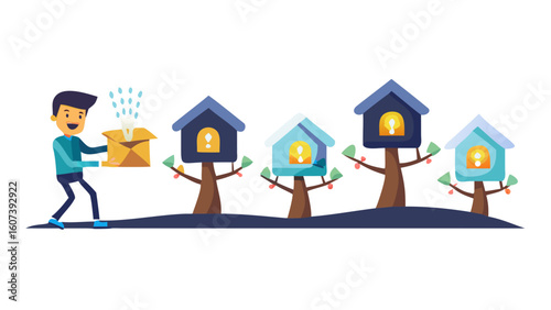 Man delivers light bulbs to houses on trees symbolizing ideas and innovation