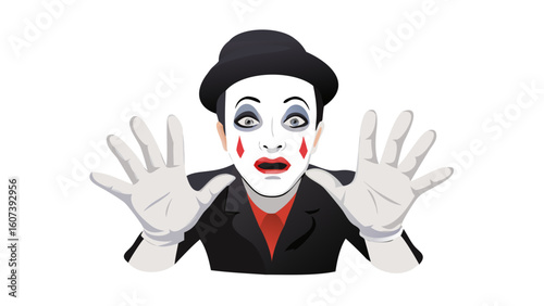 Surprised mime performer in black and white makeup with red accents and white gloves
