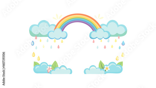 Charming rainbow and rain clouds with flowers and leaves illustration