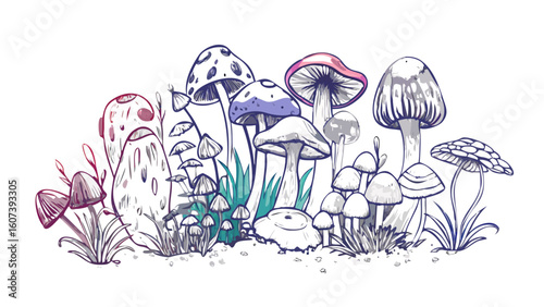 Whimsical hand drawn mushroom patch with gradient colors on a black background
