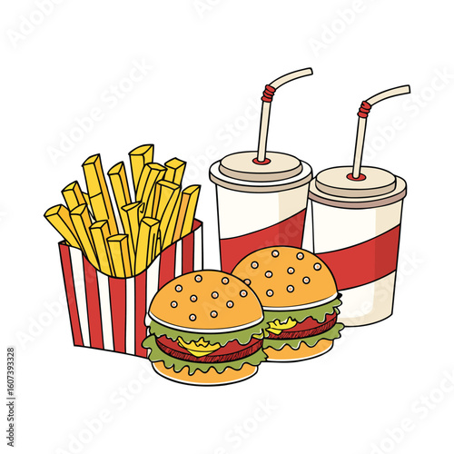 Fast Food Combo Meal – Burger, Fries and Soda Vector Illustration