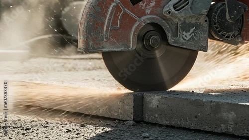 Close-up of a circular saw cutting a concrete slab in a construction environment