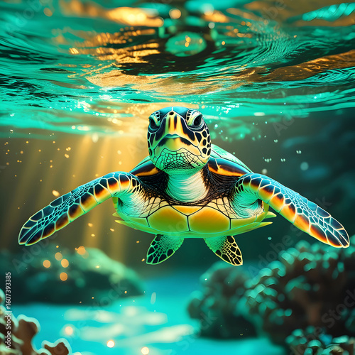 A green sea turtle Chelonian Midas resting on coral nurseries.