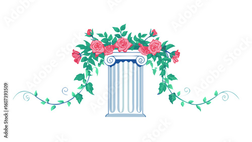 Elegant ionic column adorned with blooming pink roses and flowing greenery