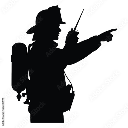 Firefighter silhouette holding radio and pointing in commanding pose vector style isolated black and white